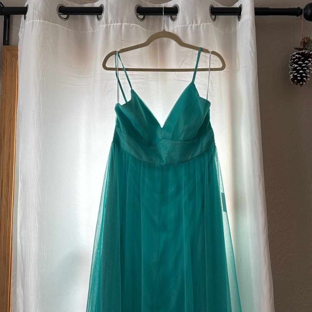 Teal Green Pleated Tulle Maxi Dress